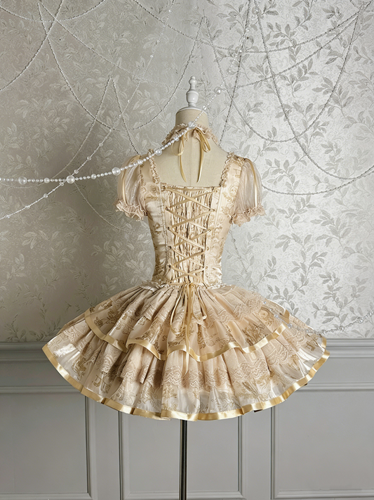 Ethereal Square Neck A-Line Lace Tiered Birthday Dress Short Sleeve Bow Jacquard Lace-Up Homecoming Dress AP4811
