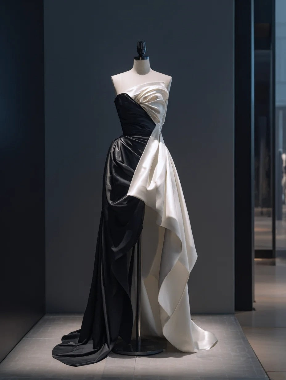 Minimalist A-Line Strapless Draped Sweet 16th Evening Dresses Color-Blocked High-Slit Prom Dress AP4824