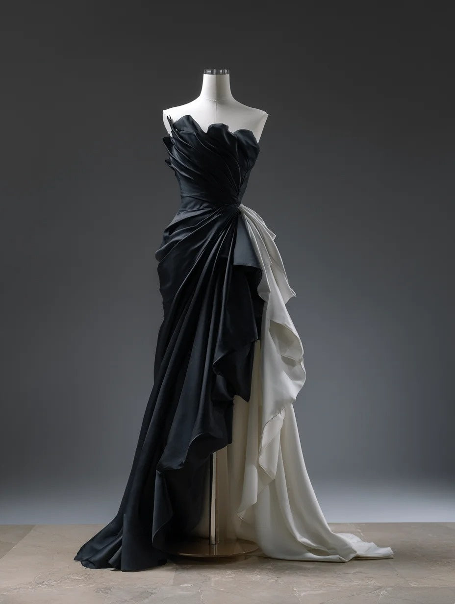Simple A-Line Strapless Slit Sweet 16th Evening Dresses Color-Blocked Pleated Prom Dress AP4825