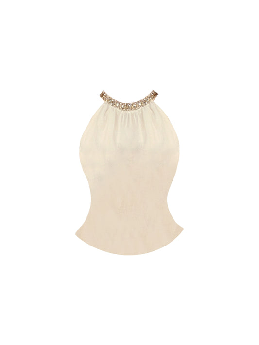 Playful Beaded Top Ruched Gold-Buttoned Mini Skirt Elegant Beige 2-Piece Outfit Bodycon Halter Short Dress AP4829