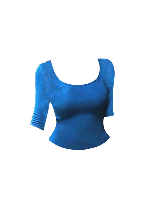 Hot Girls Square Neck Blue-White 2-Piece Outfit Mini Skirt Vogue A-Line 3/4 Sleeve Fitted Top Flowy Short Dress AP4842
