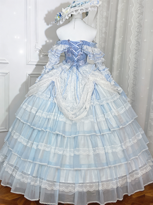 Beautiful Off-Shoulder Tiered A-Line Evening Gowns Lace Bow Beads Handmade Flower Long Sleeve Prom Dress AP4852