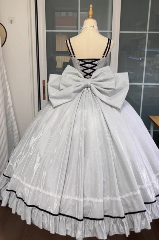 Shiny A-Line Spaghetti Strap Feather Trim Sweet 16th Evening Dresses Handmade Flowers Lace Bow Prom Dress AP4861