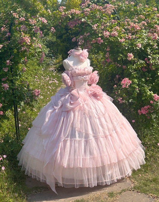 Avant-Garde A-Line Off-Shoulder Handmade Flowers Sweet 16th Gowns Sequins Bows Pink Tulle Prom Dress AP4862