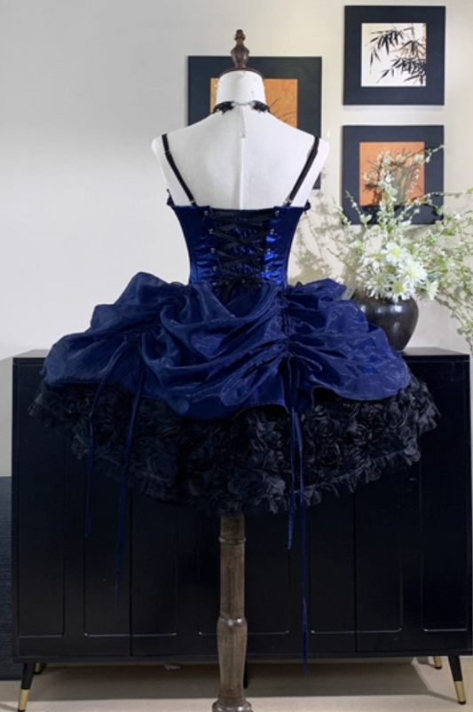 Voluminous A-Line Spaghetti Strap Handmade Flowers Birthday Gowns Crystal Bows Lace Beading Homecoming Dress AP4865