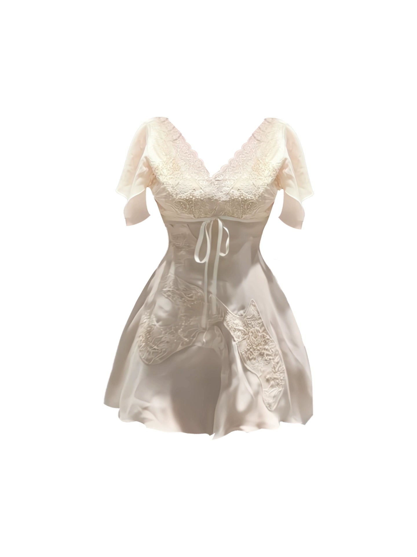 Ornate V Neck Pale Beige Cinched-Waist Mini Skirt Chic A-Line Sheer Sleeves Lace Details Short Dress AP4870