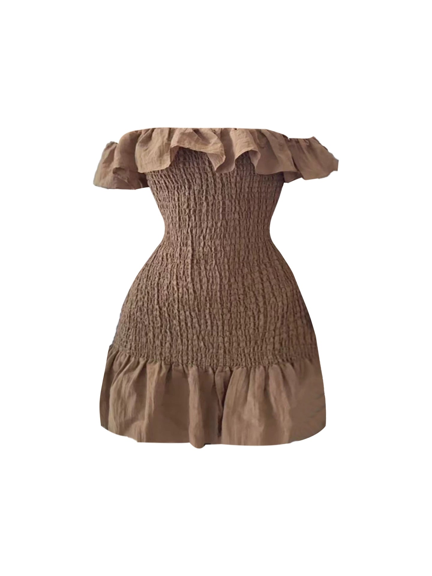 Luxury A-Line Ruffle Trim Mini Skirt Vintage Taupe Fitted Off-Shoulder Flexible Short Dress AP4874