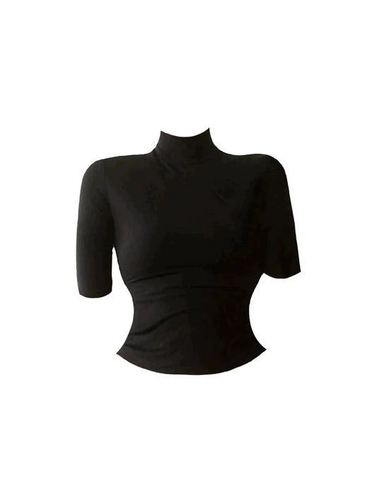 Fantastic High Collar 3/4 Sleeve Fitted Top Bodycon Mini Skirt Chic Black & Leopard 2-Piece Set Short Dress AP4878
