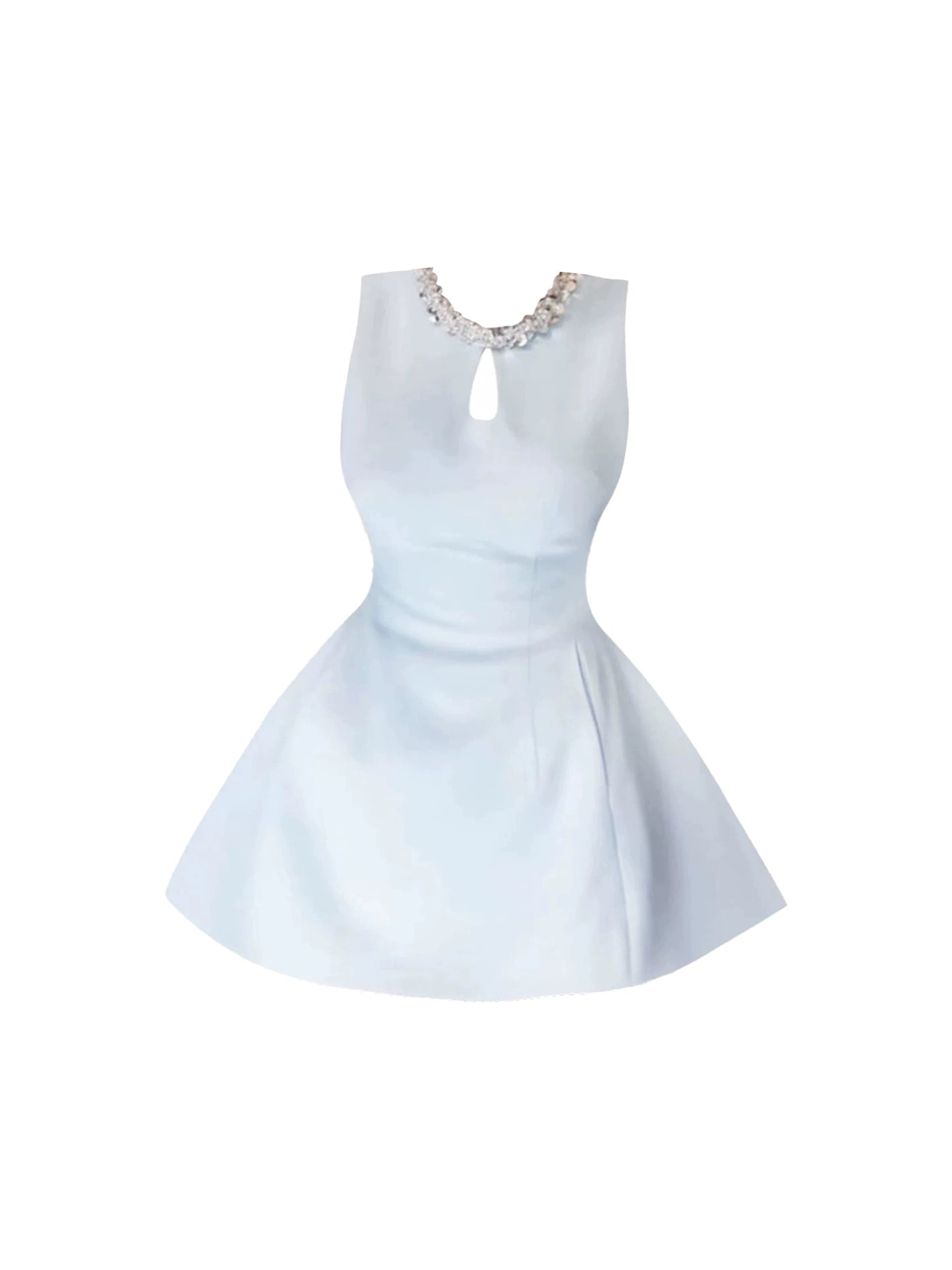 Dreamy Light Blue Sleeveless A-Line Mini Skirt Beaded Neckline Sexy Teardrop Cutout Jewel Neck Short Dress AP4883
