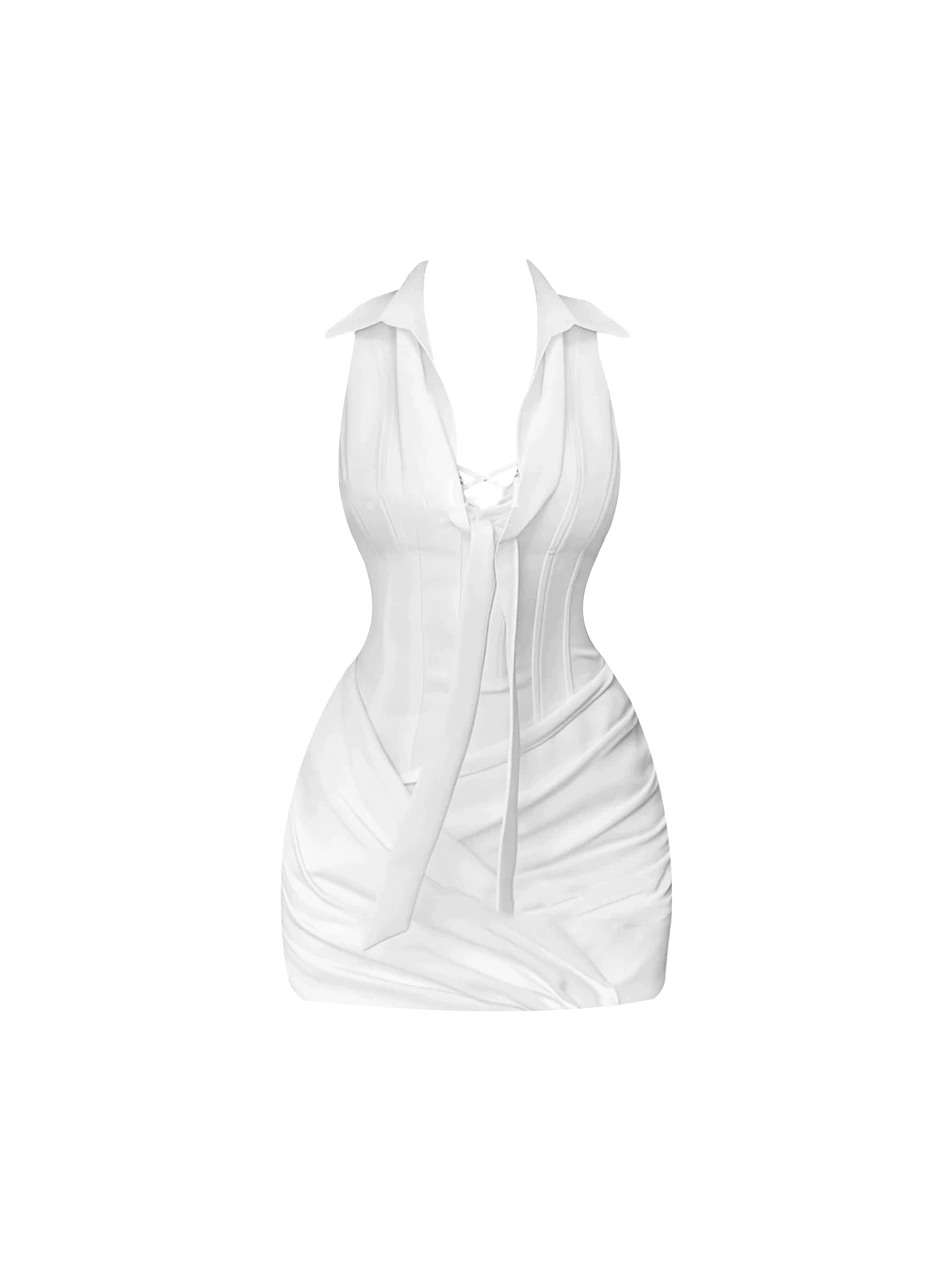 Gorgeous Tie Accent Sheath Date Nights Mini Skirt Stylish White Sleeveless Lapel Neck Short Dress AP4885