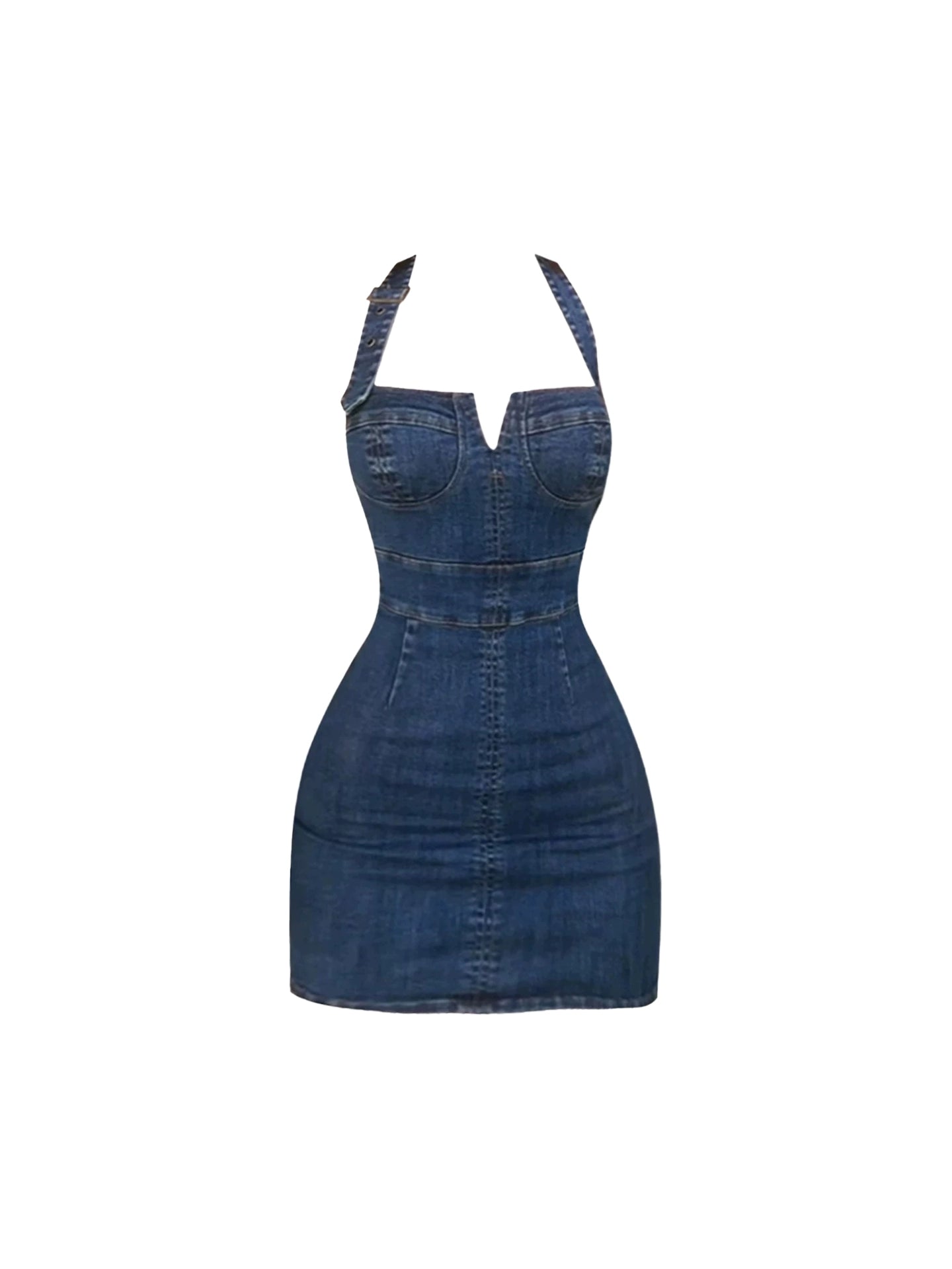 Glam Deep Blue Denim Bodycon Mini Skirt Vogue Casual Outing V Halter Short Dress AP4886