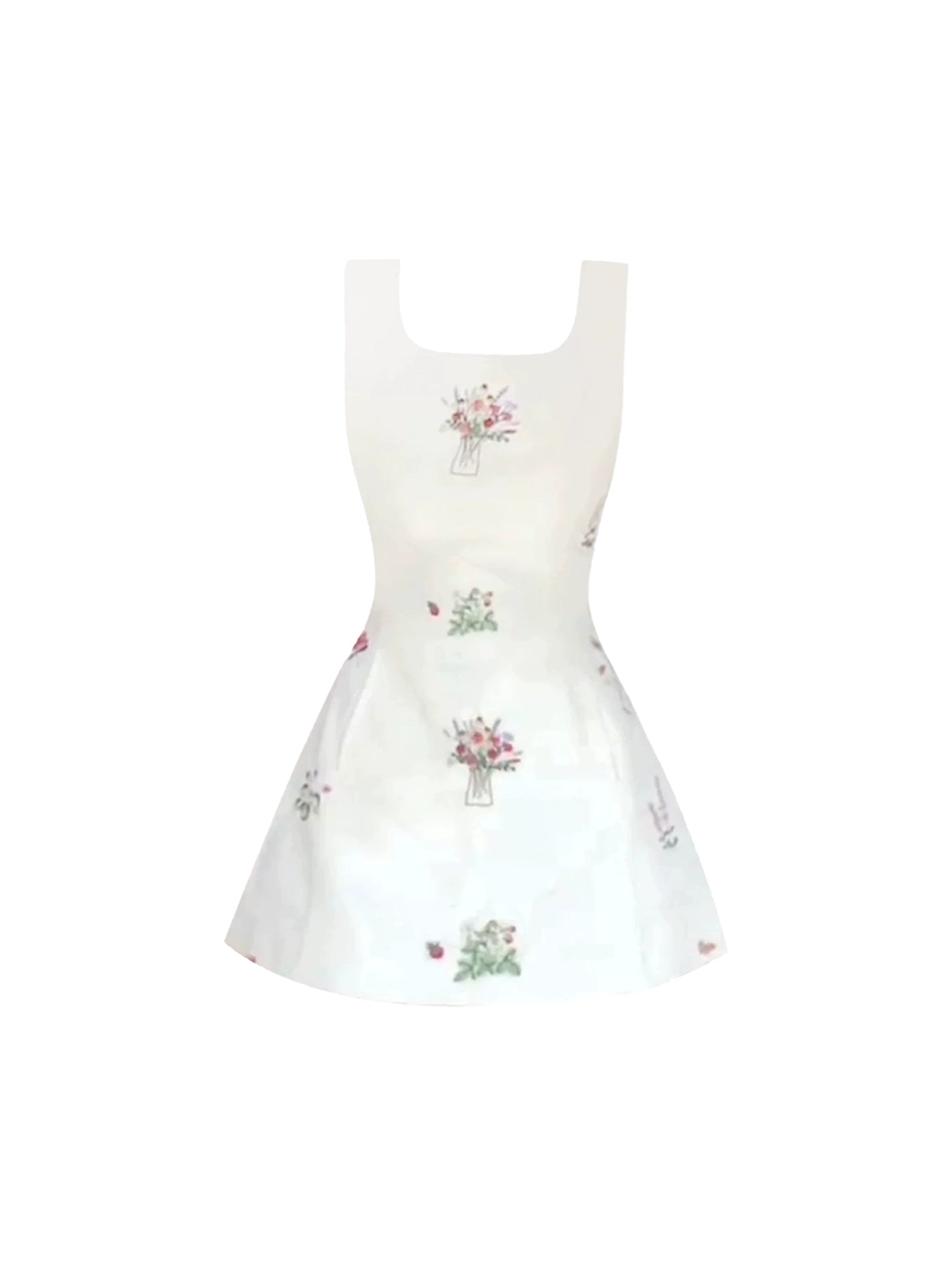 Dramatic Spaghetti Straps A-Line Vase-Floral Prints Mini Skirt Simple Light Cream Sleeveless Square Neck Short Dress AP4888