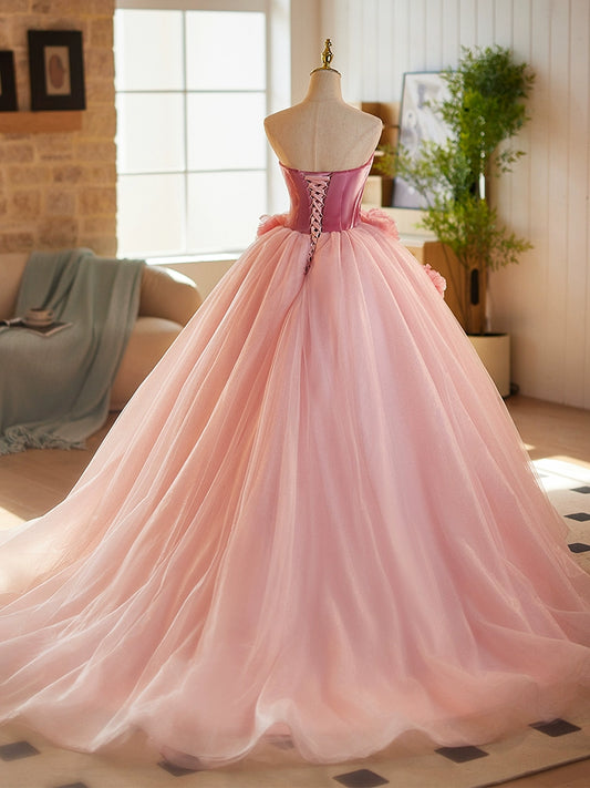 Sheen Strapless Pink Tulle A-Line Sweet 16th Evening Dresses Handmade Flowers Prom Dress AP4893