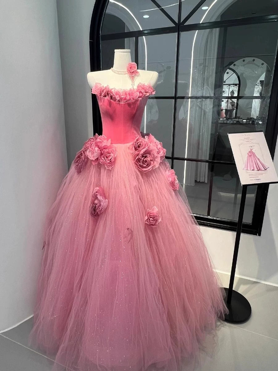 Fashionable Strapless A-Line Layered Tulle Sweet 16th Dresses Handmade Flowers Prom Dress AP4895