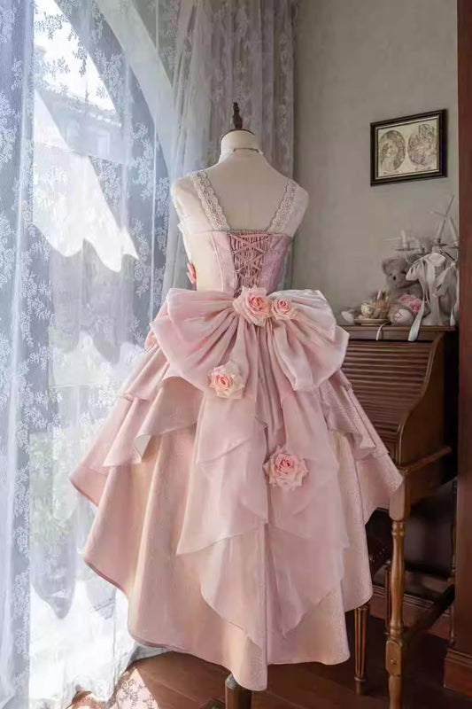 Dopamine Style A-Line Spaghetti Strap Ruffles Birthday Gowns Bows Handmade Flowers Crystal Beading Homecoming Dress AP4899
