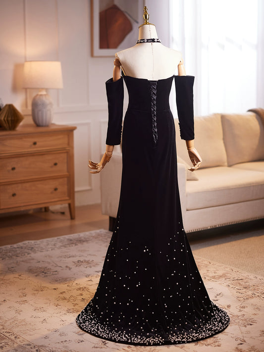 Simple Strapless Sheath Sweet 16th Dresses Black Velvet Beaded Prom Dress AP4900