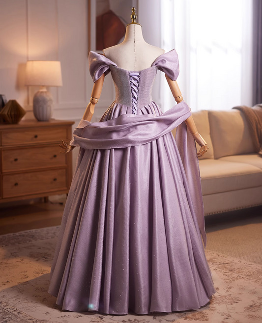 Flowy A-Line Off-Shoulder Purple Sweet 16th Gowns Sequins Beading Prom Dress AP4901
