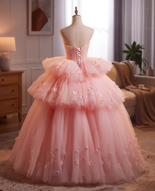 Sparkly Strapless A-Line Pink Tulle Sweet 16th Dresses Appliques Beads Tiered Prom Dress AP4902