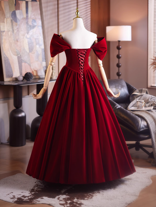 Playful A-Line Off-Shoulder Red Velvet Sweet 16th Gowns Handmade Flowers Prom Dress AP4904