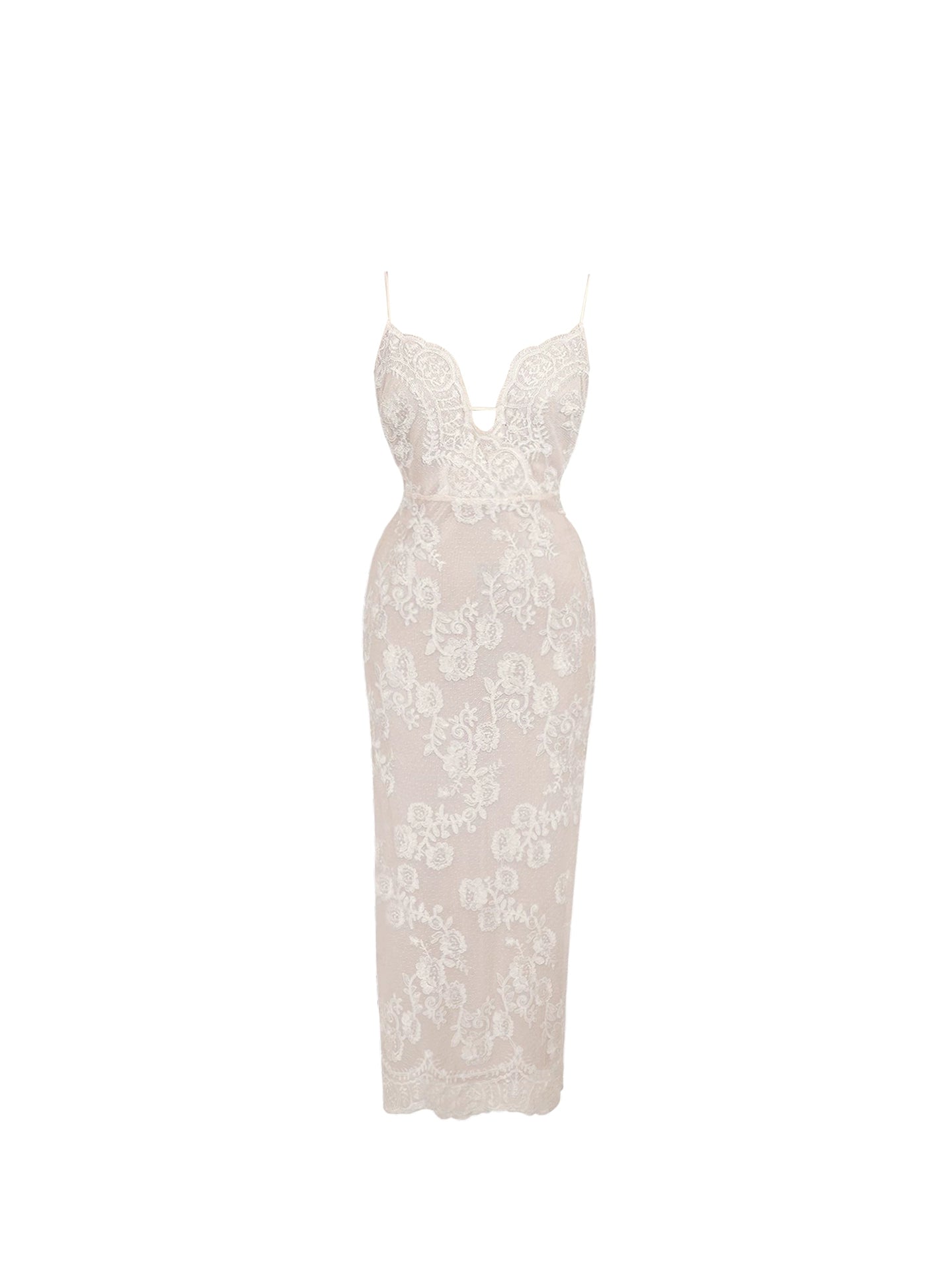 Sexy Deep V Neck Cutout Spaghetti Straps Maxi Dress Stylish Beige Floral Lace Sheath Long Dress AP4912