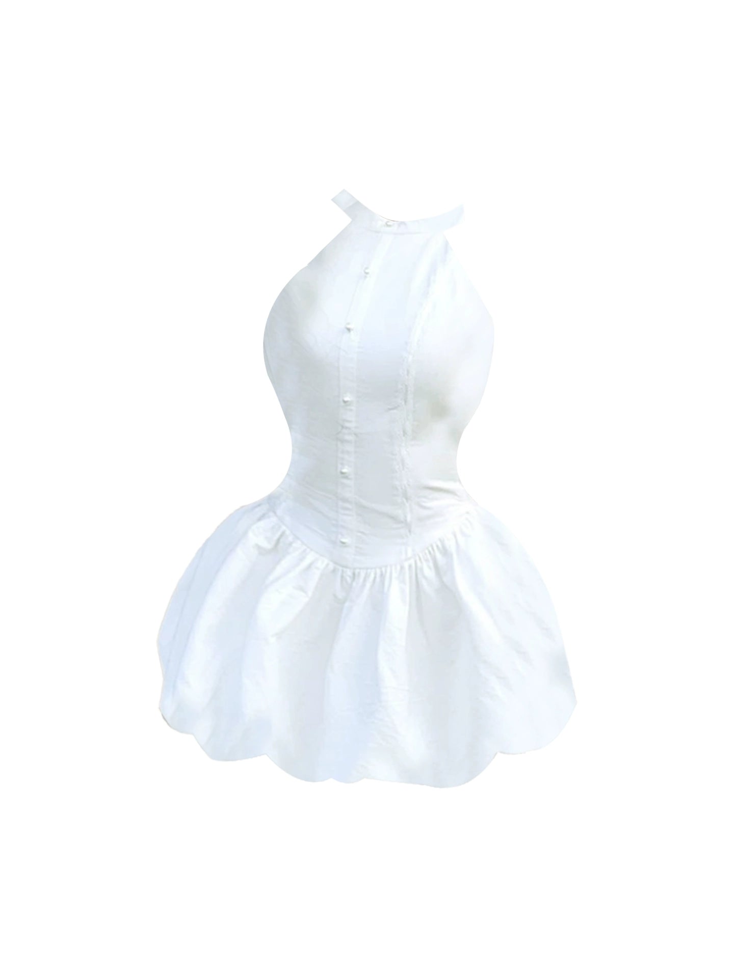 Princess Halter Neck Button Front Fitted Waist Mini Skirt Flowy Ruffled A-Line Casual Outings White Short Dress AP4915