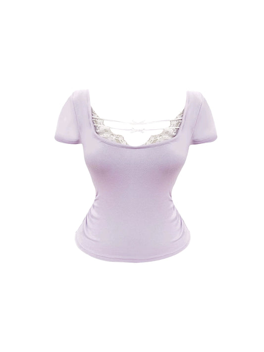 Hot Girls Light Lavender Short-Sleeve Top Square Neck Sheath Mini Skirt Fashion Lace Cutout Short Sleeves 2-Piece Outfit White High-Waist Short Dress AP4918