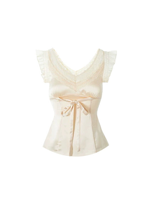 Casual Bow Tie Waist V Neck Lace-Trimmed Mini Skirt Chic Light Beige Short-Sleeve Top A-Line Pleated Short Dress AP4921