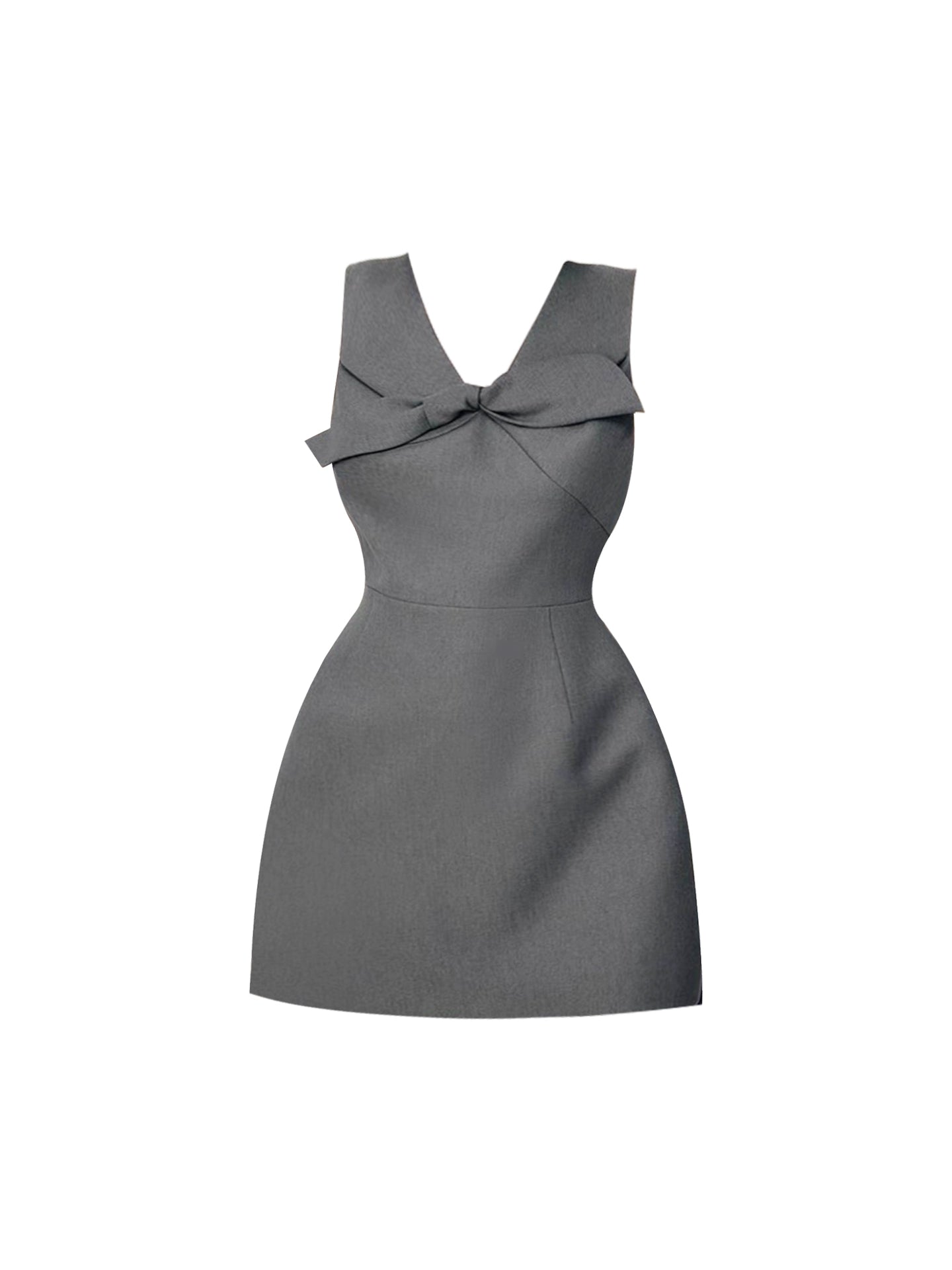 New Tendency Large Bow Accent A-Line Mini Skirt Simple Gray Sleeveless V-Neck Cinched Waist Short Dress AP4923