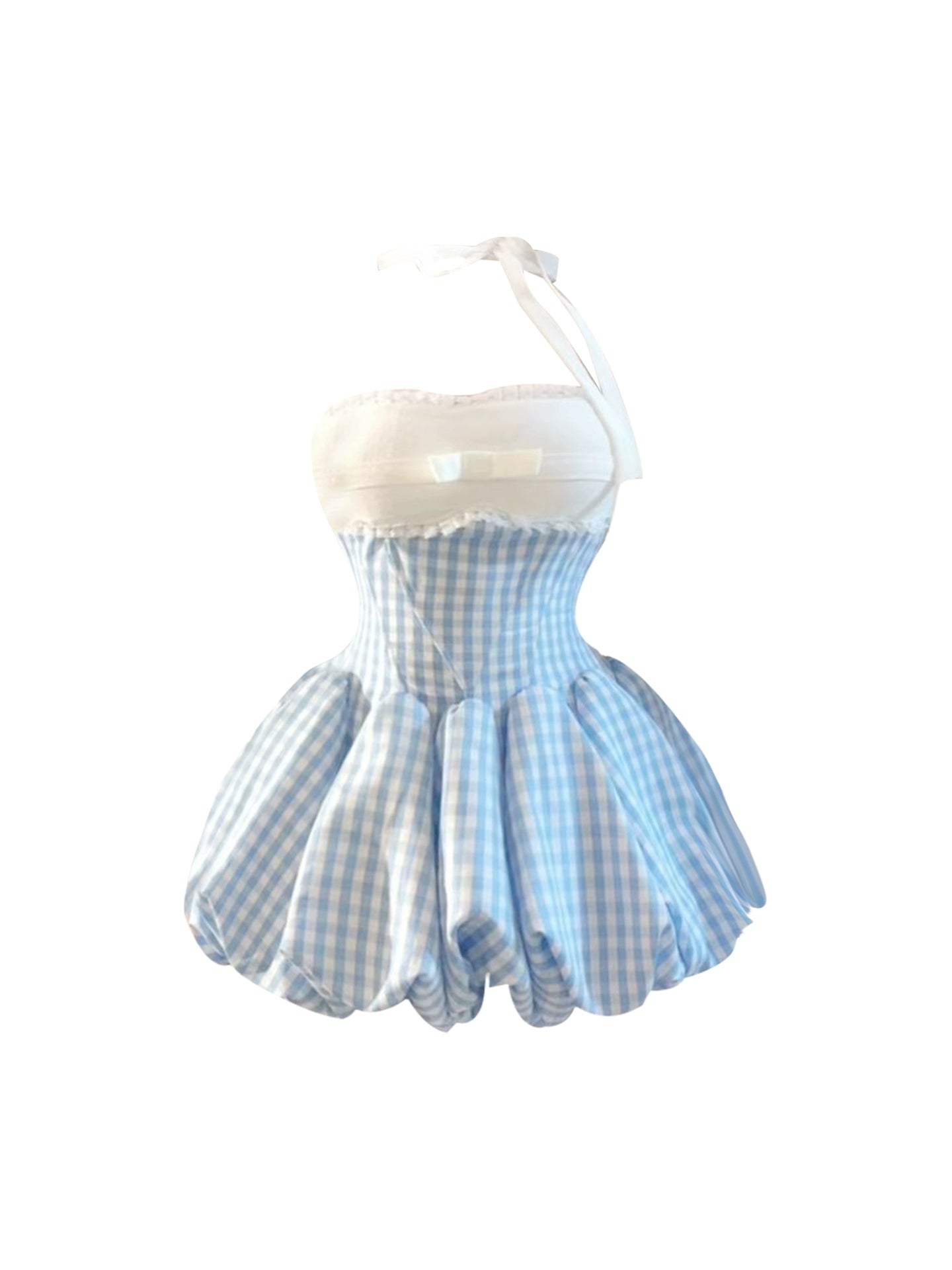 Beautiful Bow Accent A-Line Puffy Mini Skirt Sweet Strapless Blue & White Gingham Short Dress AP4927