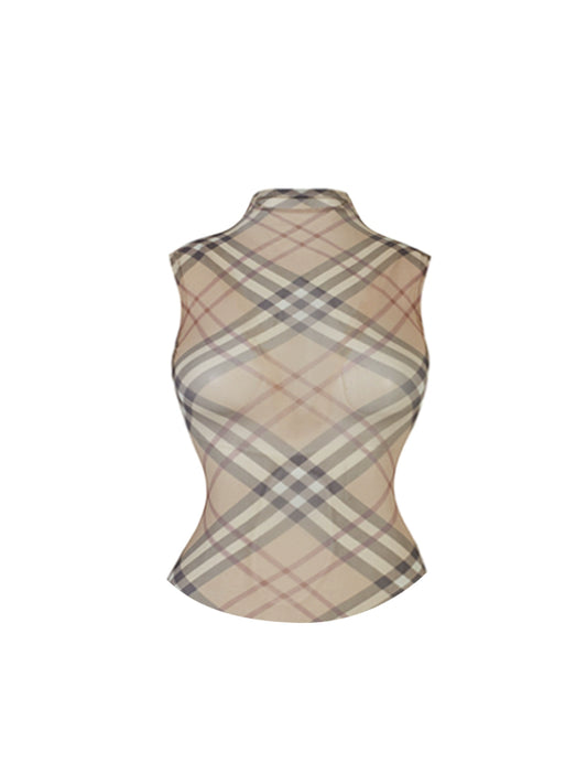 Boho-Inspired 2-Piece Set High Collar Sheath Midi Dress Vintage Sheer Sleeveless Top Beige-Brown Plaid Long Dress AP4929