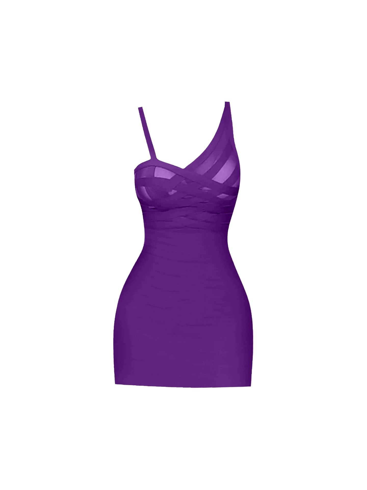 Amazing Crisscross Sheer Mesh Ruched Bodycon Mini Skirt Vibrant Purple Spaghetti Strap Asymmetric Neckline Short Dress AP4933