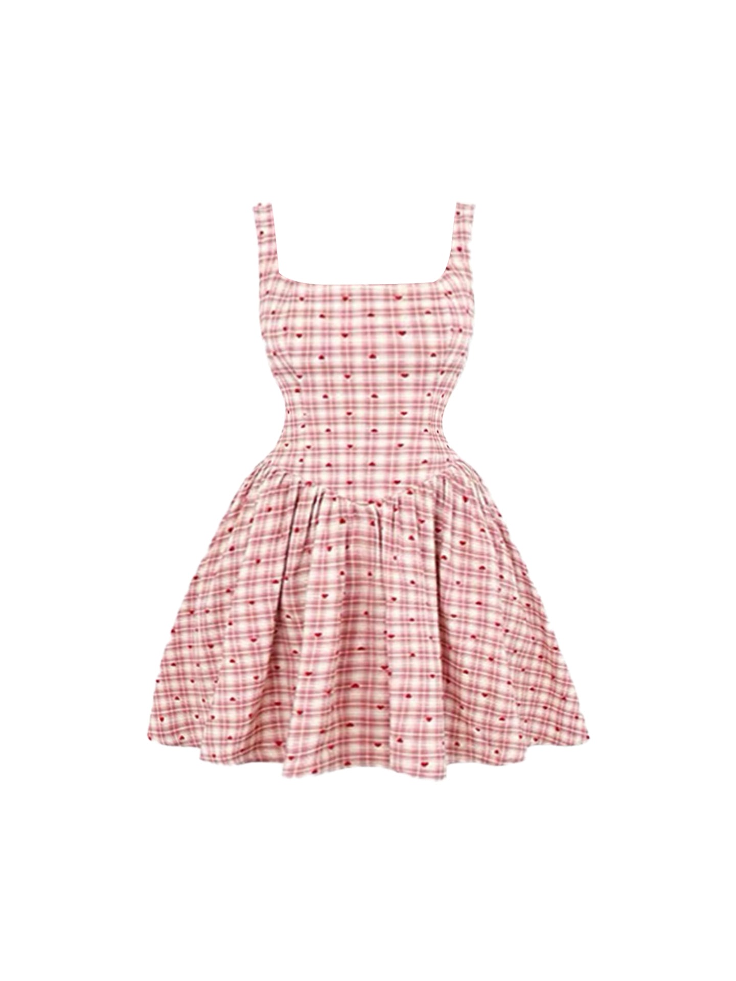Appealing Spaghetti Strap Square Neck Cinched Waist Flared Mini Skirt Sweet Red & White Gingham Heart-Print A-Line Short Dress AP4934