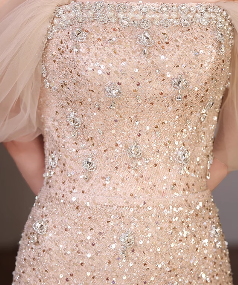 Enticing Sheath Tulle Off-Shoulder Evening Gowns Beading Sequins Rhinestones Prom Dress AP4937