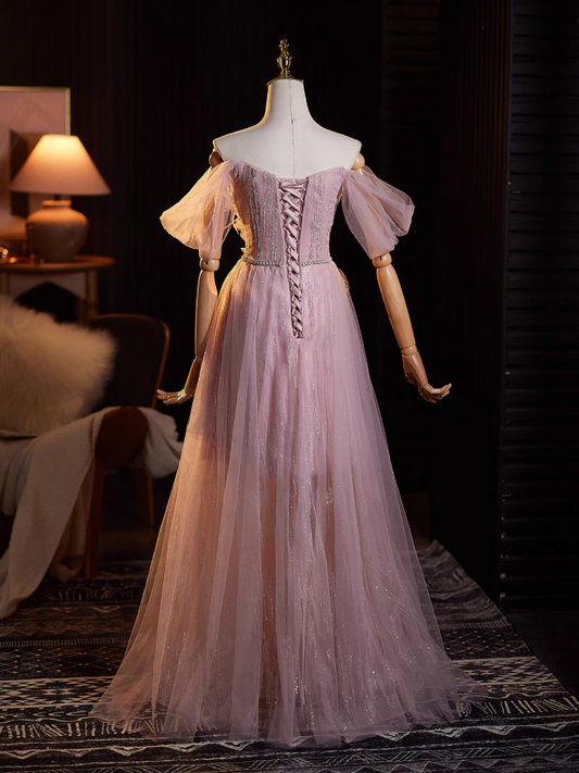 Eye-Catching A-Line Off-Shoulder High-Slit Sweet 16th Gowns Beads Sequins Appliques Tulle Prom Dress AP4940