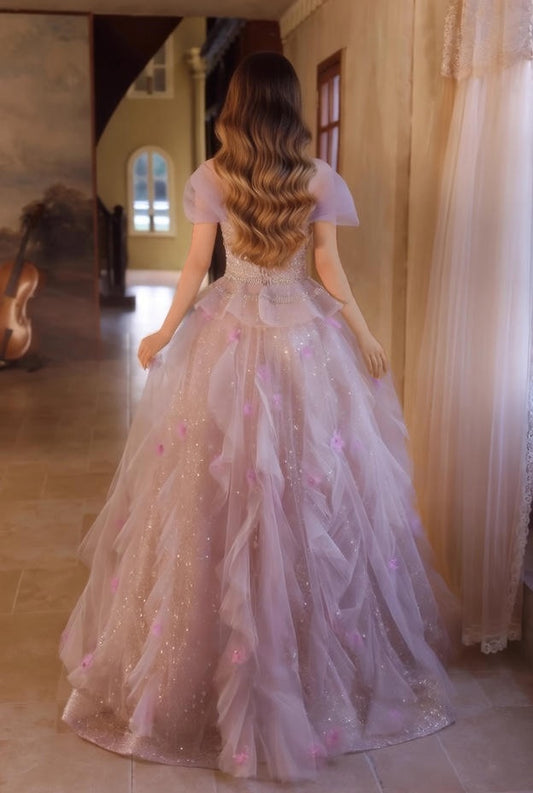 Ornate A-Line Off-Shoulder Ruffles Tulle Sweet 16th Gowns Appliques Beading Sequins Prom Dress AP4947
