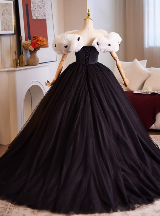 Chic A-Line Off-Shoulder Sweet 16th Gowns White & Black Tulle Prom Dress AP4949