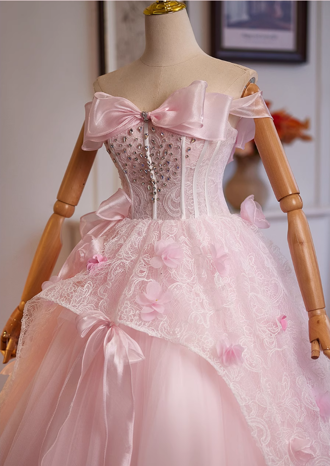 Luxury A-Line Off-Shoulder Sweet 16th Gowns Appliques Lace Bow Crystals Prom Dress AP4951