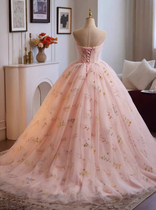 Classical Strapless A-Line Floral Sweet 16th Dresses Handmade Flowers Tulle Prom Dress AP4954