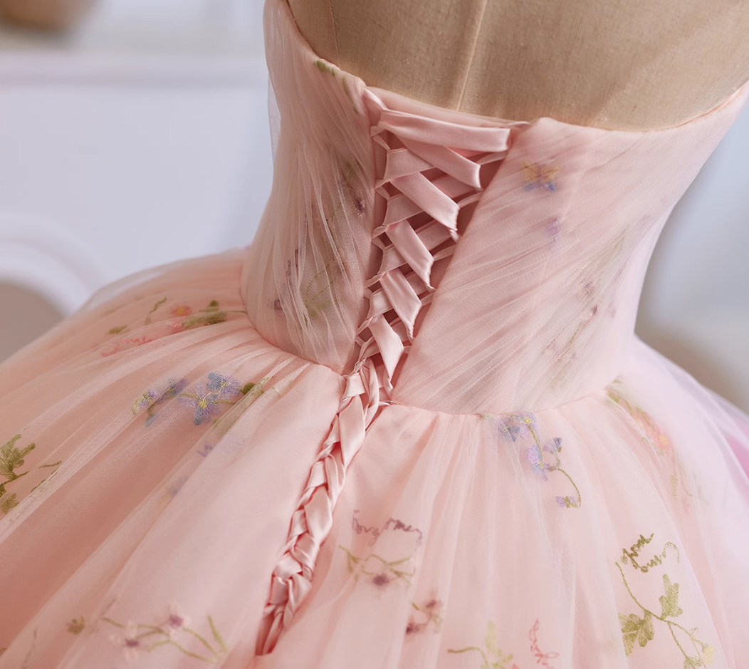 Classical Strapless A-Line Floral Sweet 16th Dresses Handmade Flowers Tulle Prom Dress AP4954