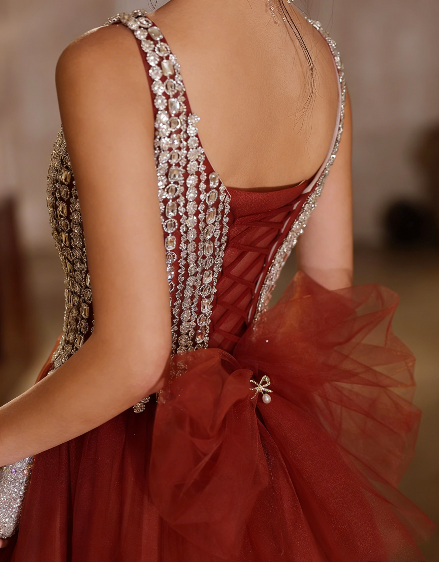Fantastic A-Line Spaghetti Strap Tulle Sweet 16th Evening Dresses Beading Bow Prom Dress AP4955