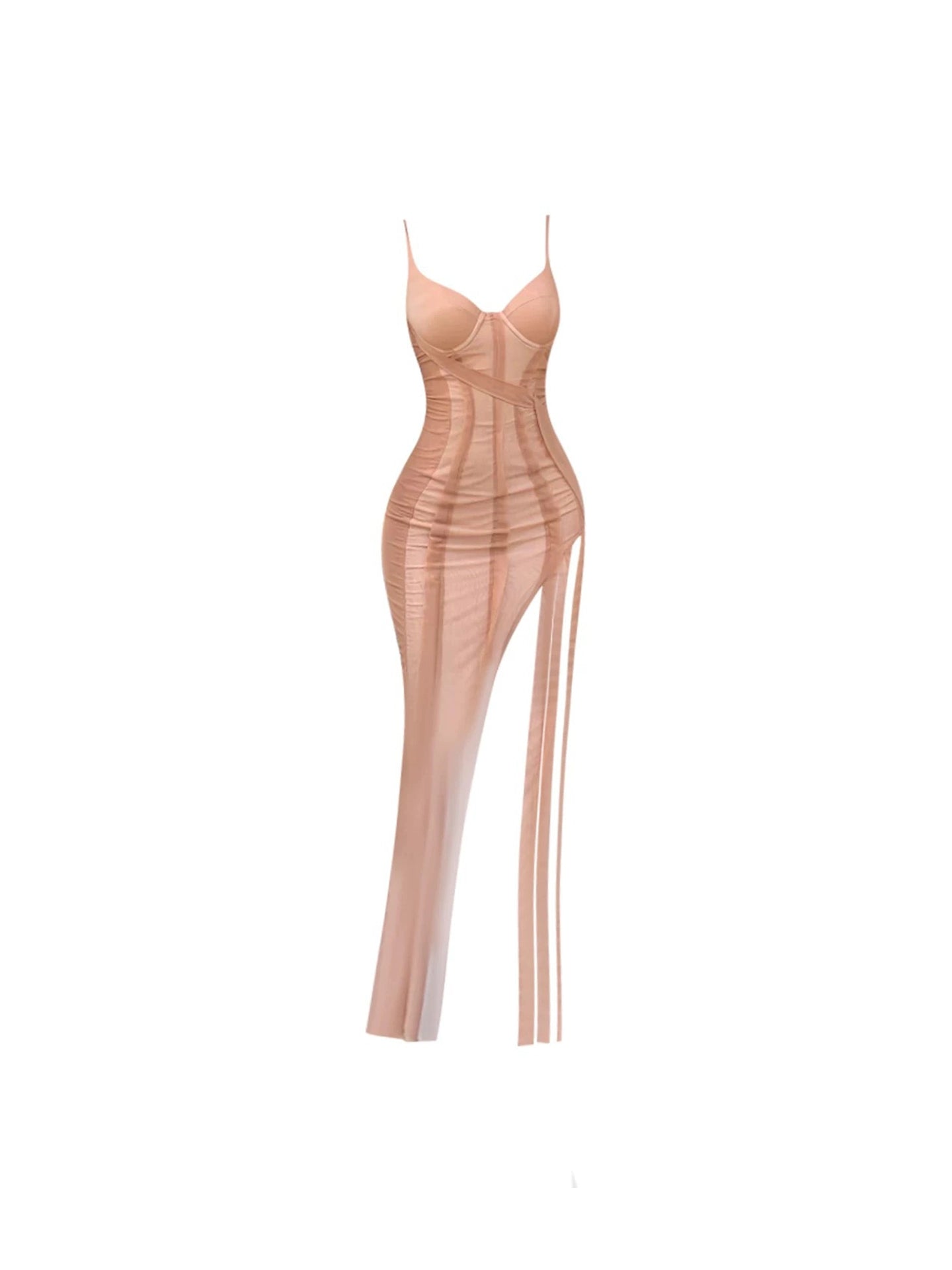 Novelty Sheer Mesh Panel Spaghetti Straps Maxi Dress Chic High Split Blush Nude Sleeveless Sheath Long Dress AP4968