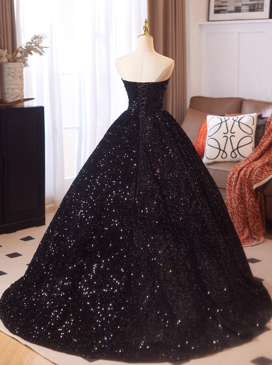 Gothic Style Strapless A-Line Sweet 16th Evening Dresses Black Sequins Splicing Mesh Prom Dress AP4977