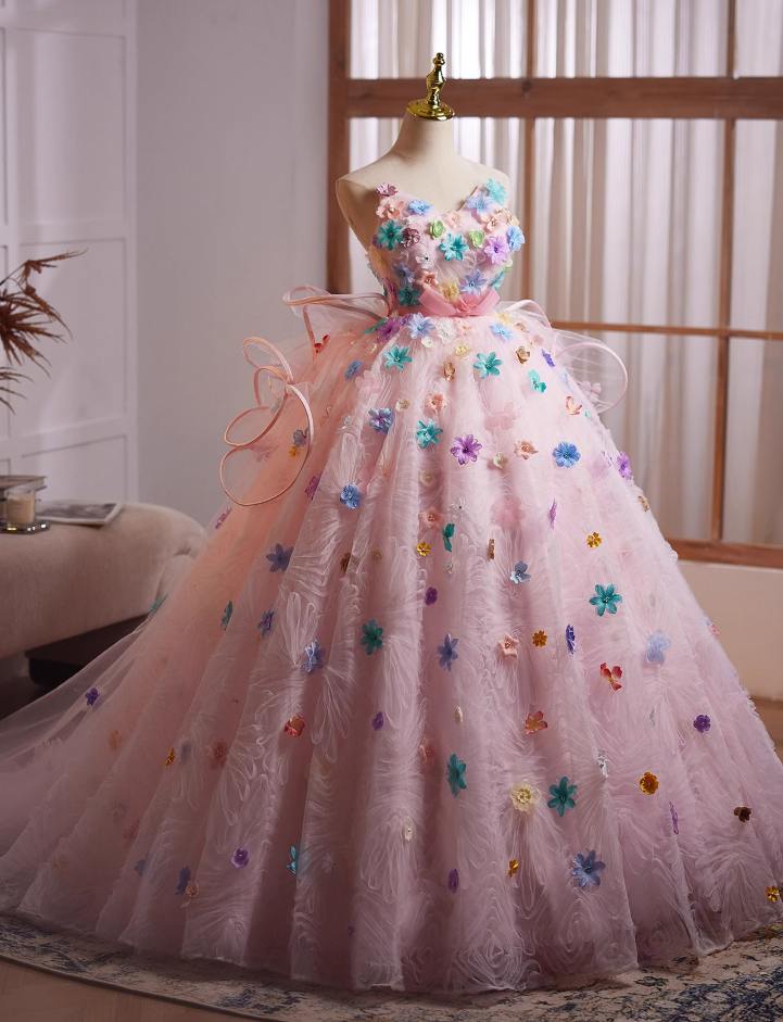 Dopamine Style V Neck A-Line Sweet 16th Evening Dresses Appliques Beading Ruffles Tulle Prom Dress AP4980