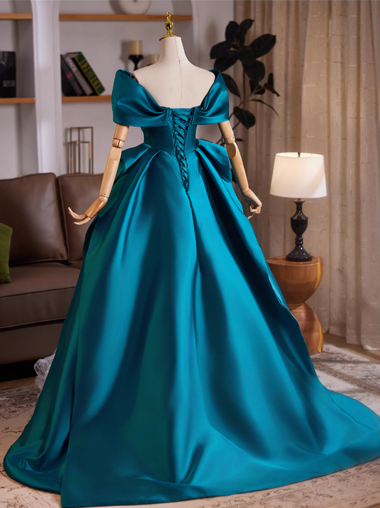 Simple Off-Shoulder Lace-Up A-Line Sweet 16th Dresses Satin Pleated Prom Dress AP4982