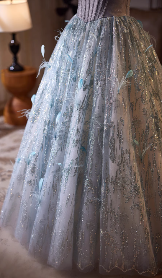 Playful Strapless A-Line Sweet 16th Evening Dresses Sequins Beading Feather Prom Dress AP4985