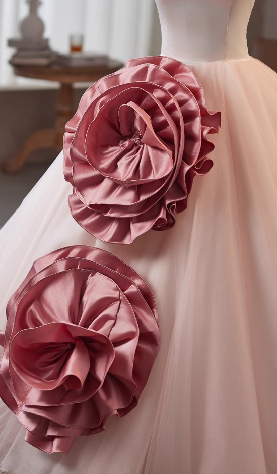 Fitted Strapless A-Line Sweet 16th Gowns Handmade Flowers Layered Tulle Prom Dress AP4988