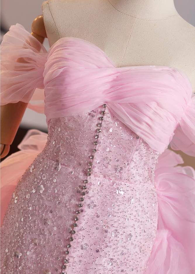 Vogue Off-Shoulder High-Slit Evening Mermaid Gowns Sequins Beaded Pink Tulle Prom Dress AP4992