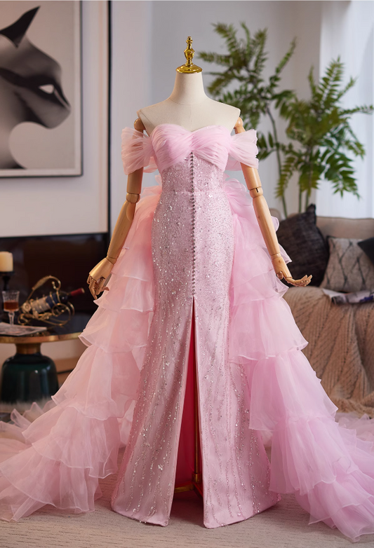 Vogue Off-Shoulder High-Slit Evening Mermaid Gowns Sequins Beaded Pink Tulle Prom Dress AP4992
