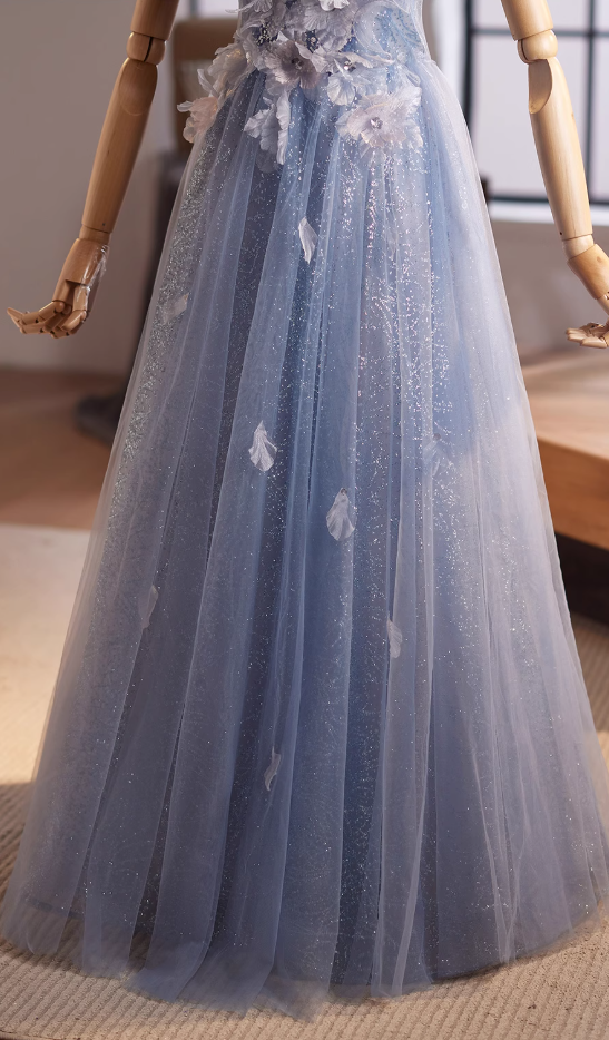 Princess Off-Shoulder A-Line Blue Sweet 16th Dresses Sequins Appliques Feather Tulle Prom Dress AP4994