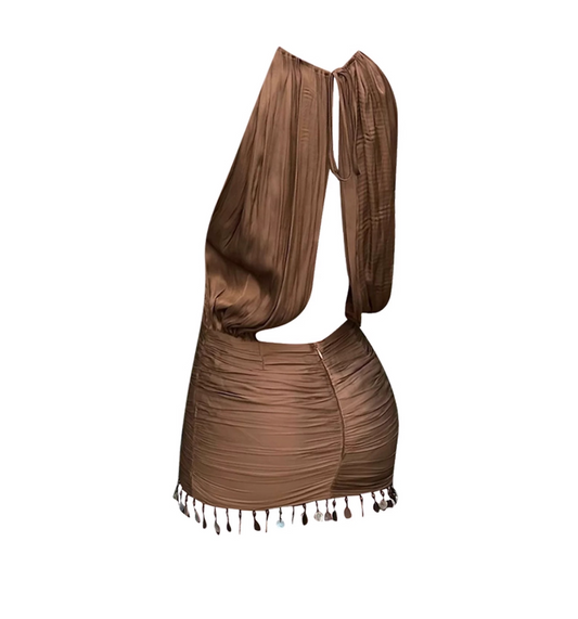 Fancy Bodycon Open Back Ruched Fabric Mini Skirt Y2K Style Fringe Hem Cutout Chocolate Brown Halter Short Dress AP4996